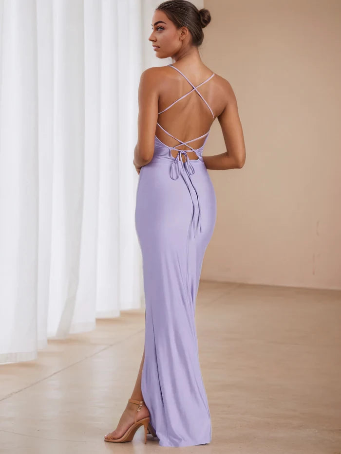 Glamorous Mermaid Cowl Neck Spaghetti Strap Lace - Up Back Long Length Prom Dresses