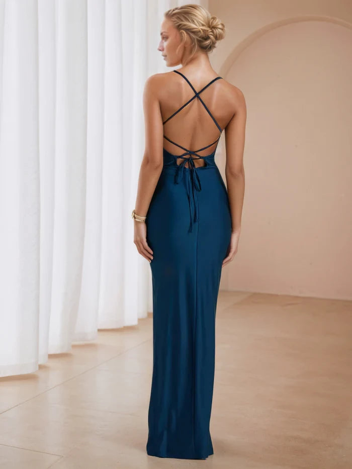 Glamorous Mermaid Cowl Neck Spaghetti Strap Lace - Up Back Long Length Prom Dresses