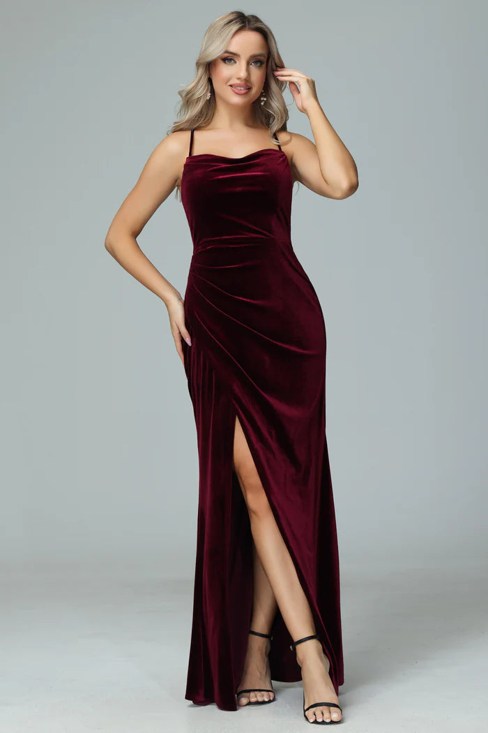 Glamorous Mermaid Cowl-Neck Spaghetti-Strap Lace-Up-Back Velvet Floor-Length Bridesmaid Dresses