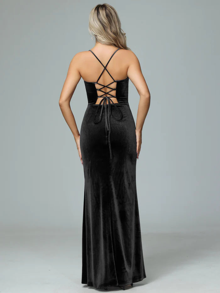 Glamorous Mermaid Cowl-Neck Spaghetti-Strap Lace-Up-Back Velvet Floor-Length Bridesmaid Dresses