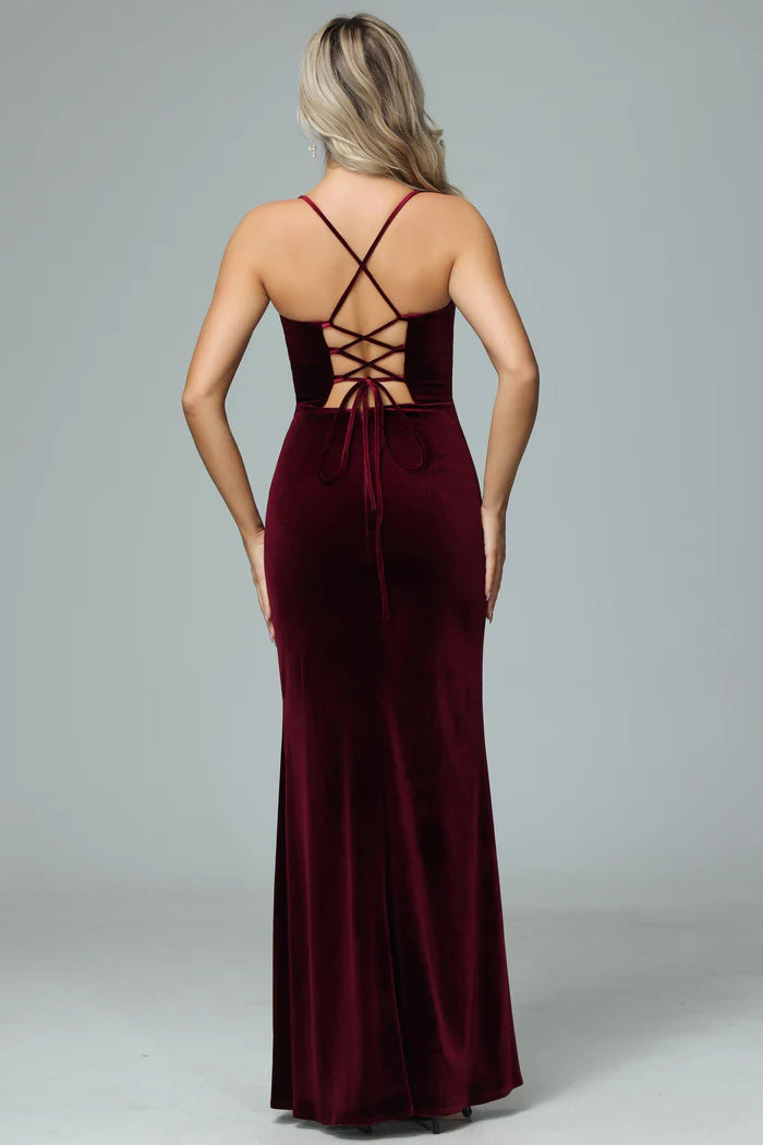 Glamorous Mermaid Cowl-Neck Spaghetti-Strap Lace-Up-Back Velvet Floor-Length Bridesmaid Dresses