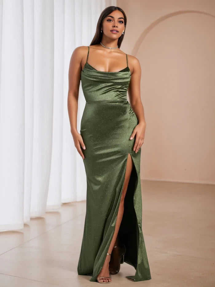 Glamorous Mermaid Cowl Neck Spaghetti Strap Open Back Long Length Prom Dresses