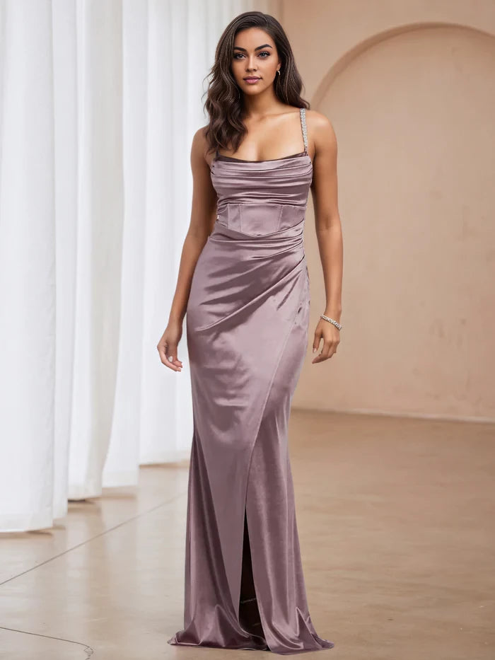 Glamorous Mermaid Cowl Neck Spaghetti Strap Open Back Long Length Prom Dresses