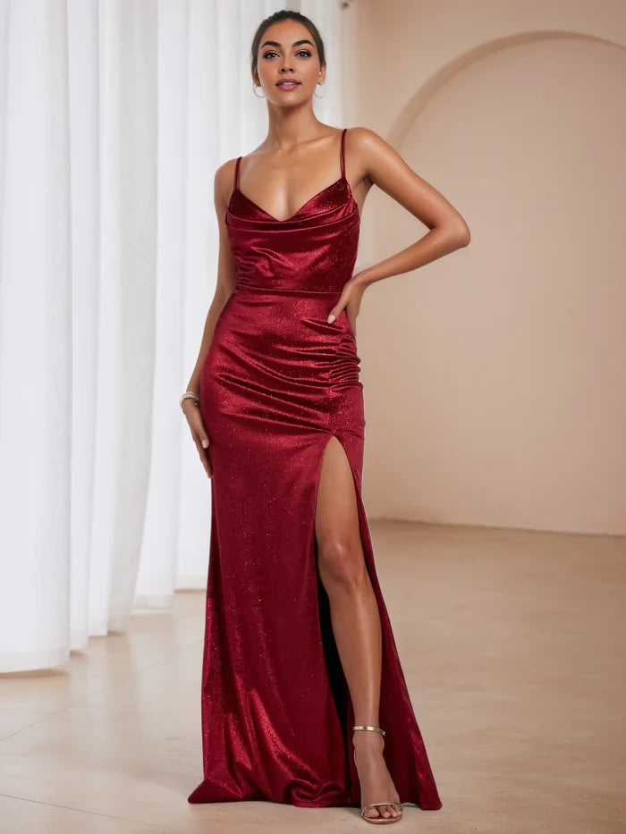 Glamorous Mermaid Cowl Neck Spaghetti Strap Open Back Long Length Prom Dresses