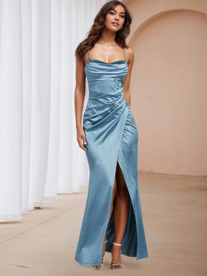 Glamorous Mermaid Cowl Neck Spaghetti Strap Open Back Long Length Prom Dresses