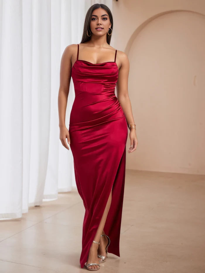 Glamorous Mermaid Cowl Neck Spaghetti Strap Open Back Long Length Prom Dresses