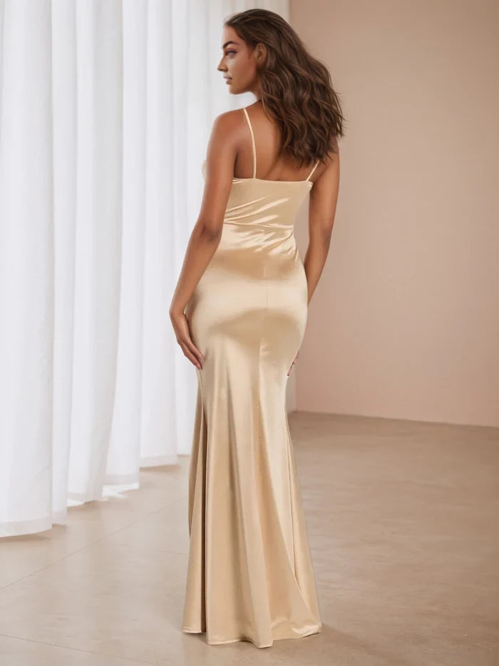 Glamorous Mermaid Cowl Neck Spaghetti Strap Open Back Long Length Prom Dresses