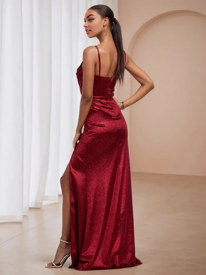 Glamorous Mermaid Cowl Neck Spaghetti Strap Open Back Long Length Prom Dresses