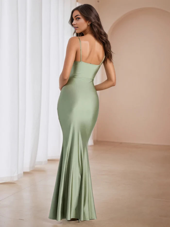 Glamorous Mermaid Cowl Neck Spaghetti Strap Open Back Long Length Prom Dresses