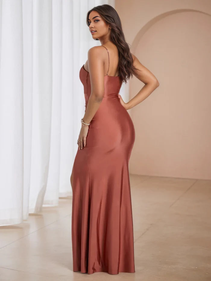 Glamorous Mermaid Cowl Neck Spaghetti Strap Open Back Long Length Prom Dresses