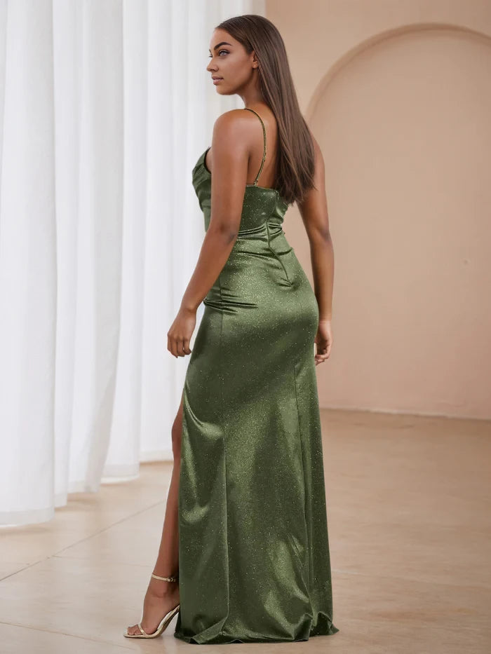 Glamorous Mermaid Cowl Neck Spaghetti Strap Open Back Long Length Prom Dresses