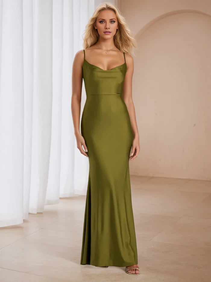 Glamorous Mermaid Cowl Neck Spaghetti Strap Tie - Back Long Length Prom Dresses
