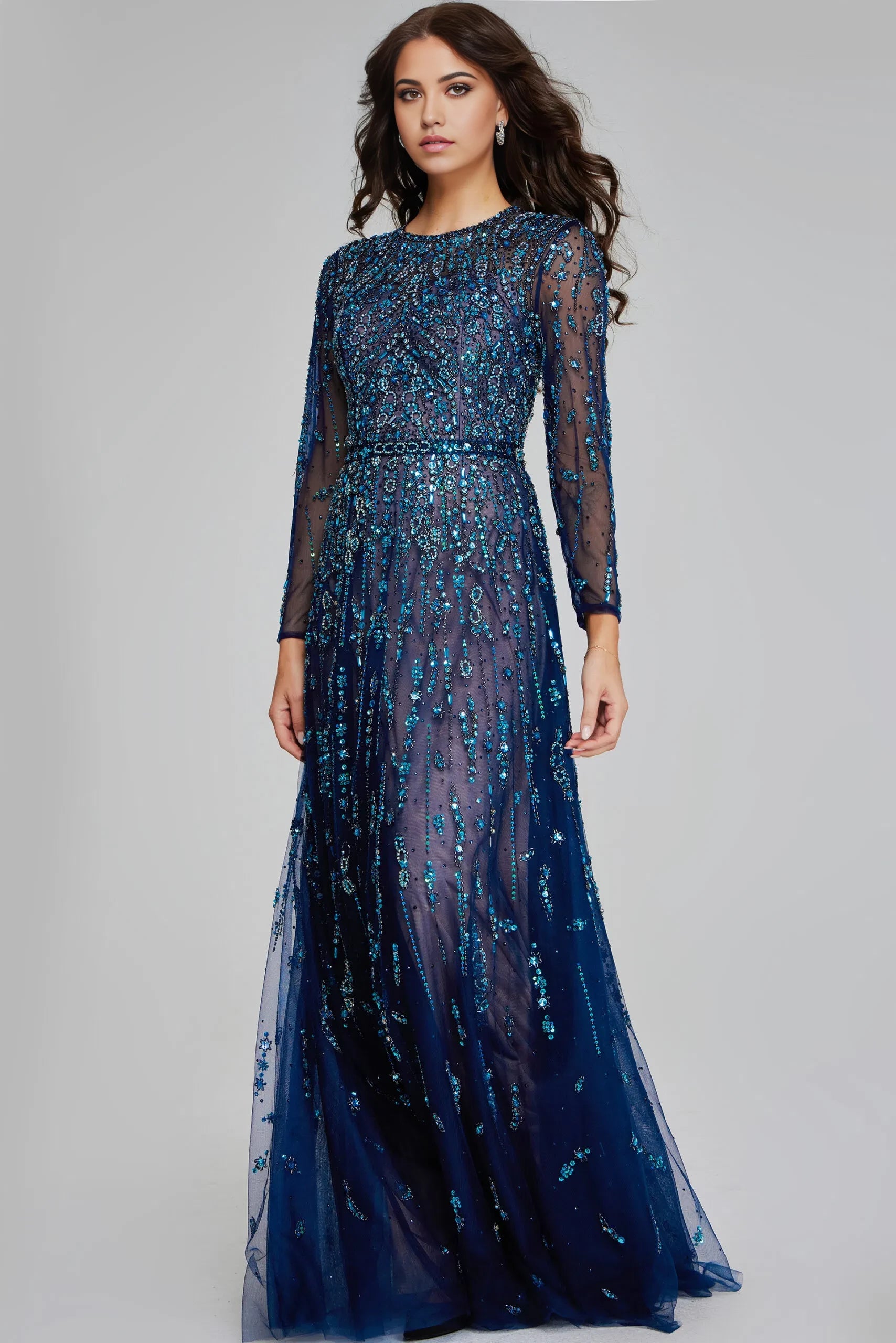 Glamorous Mermaid Crew-Neck Beaded-Sheer Long-Sleeve Long Length Evening Dresses