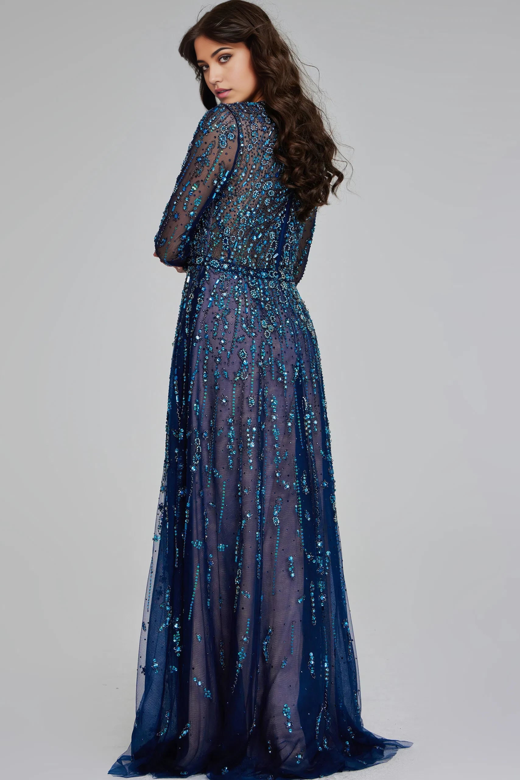 Glamorous Mermaid Crew-Neck Beaded-Sheer Long-Sleeve Long Length Evening Dresses