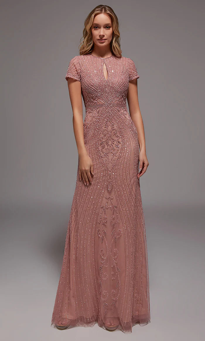 Glamorous Mermaid Crew-Neck Cap-Sleeve-Keyhole-Back Dusty Rose Tulle Beaded Floor-Length Mother of the Bride Dresses