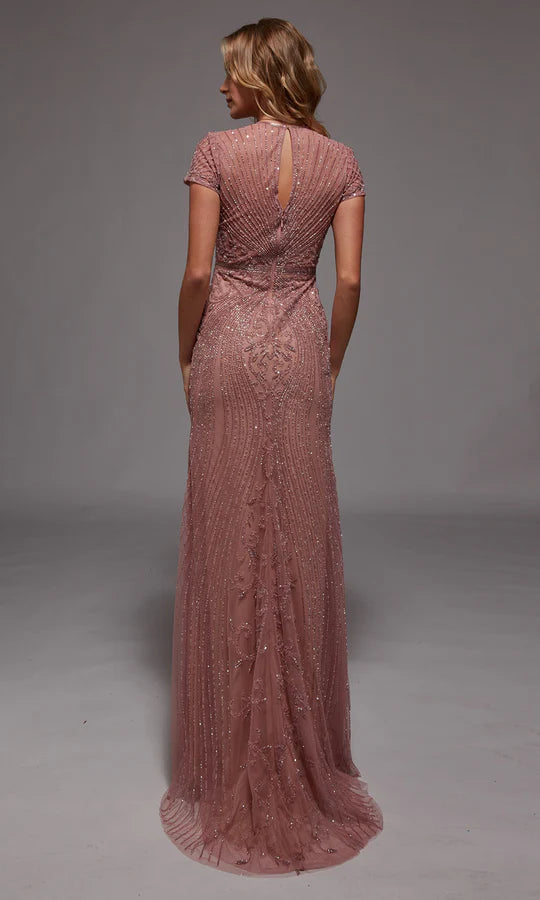 Glamorous Mermaid Crew-Neck Cap-Sleeve-Keyhole-Back Dusty Rose Tulle Beaded Floor-Length Mother of the Bride Dresses