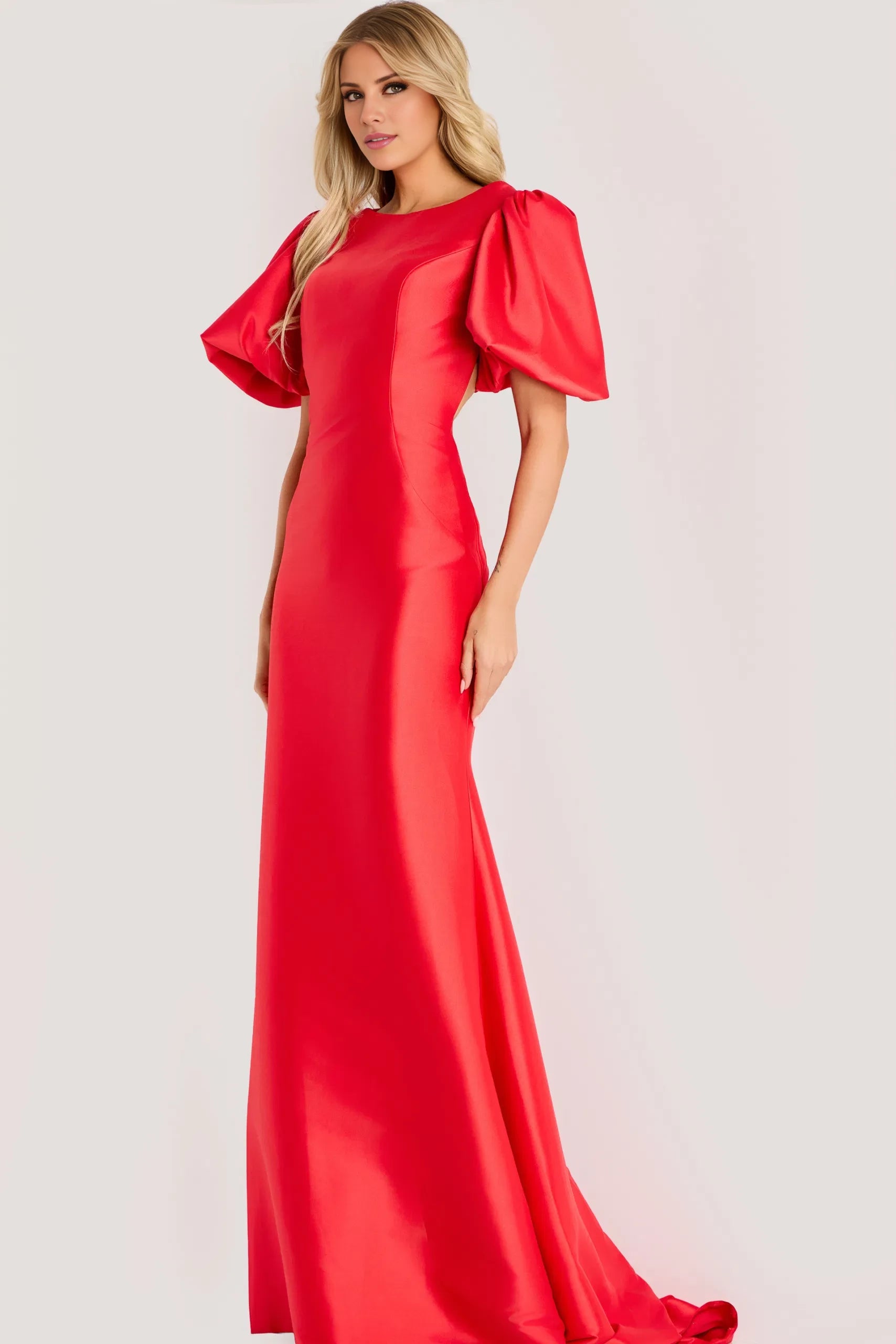 Glamorous Mermaid Crew-Neck Puff-Sleeve Open-Back Long Length Evening Dresses