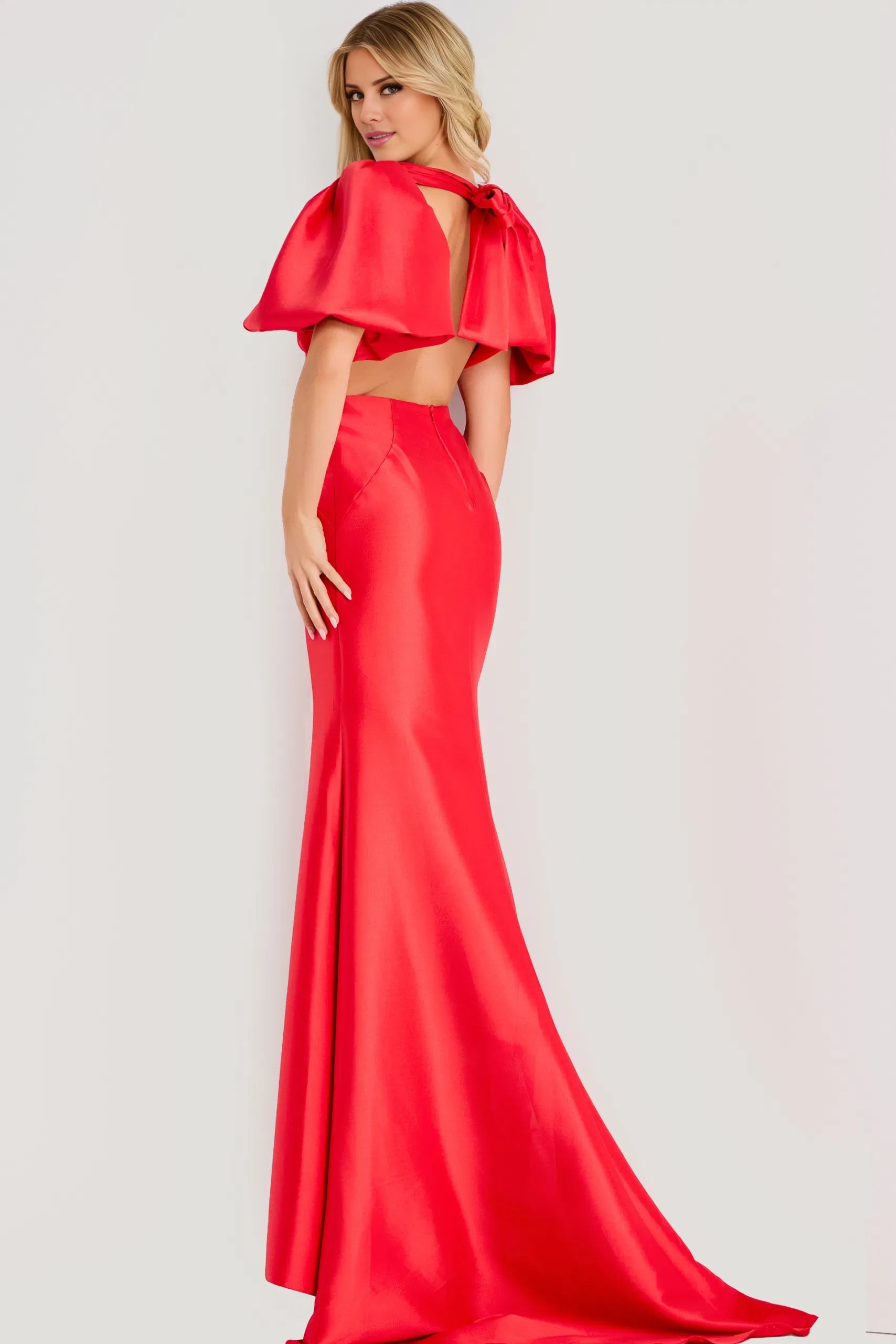 Glamorous Mermaid Crew-Neck Puff-Sleeve Open-Back Long Length Evening Dresses