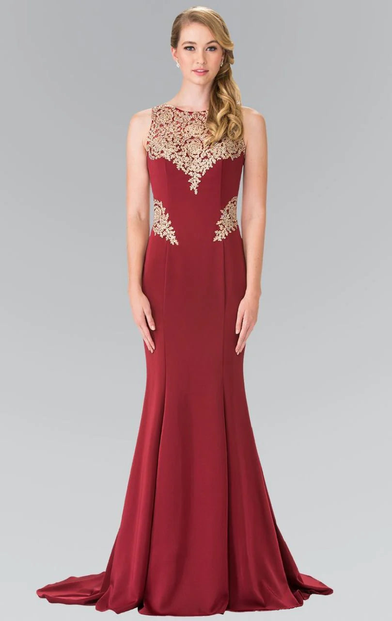 Glamorous Mermaid Crew-Neck Sleeveless Keyhole-Back Burgundy Gold-Lace Floor-Length Mother of the Bride Dresses