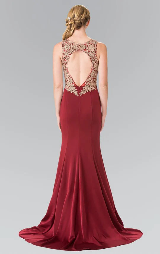 Glamorous Mermaid Crew-Neck Sleeveless Keyhole-Back Burgundy Gold-Lace Floor-Length Mother of the Bride Dresses