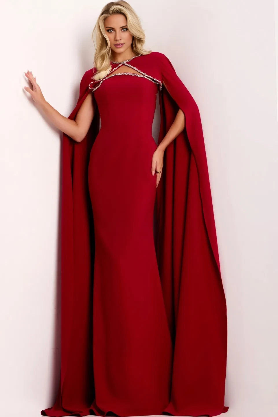 Glamorous Mermaid Cut-Out Neck Cape-Sleeve Beaded-Accent Long Length Evening Dresses