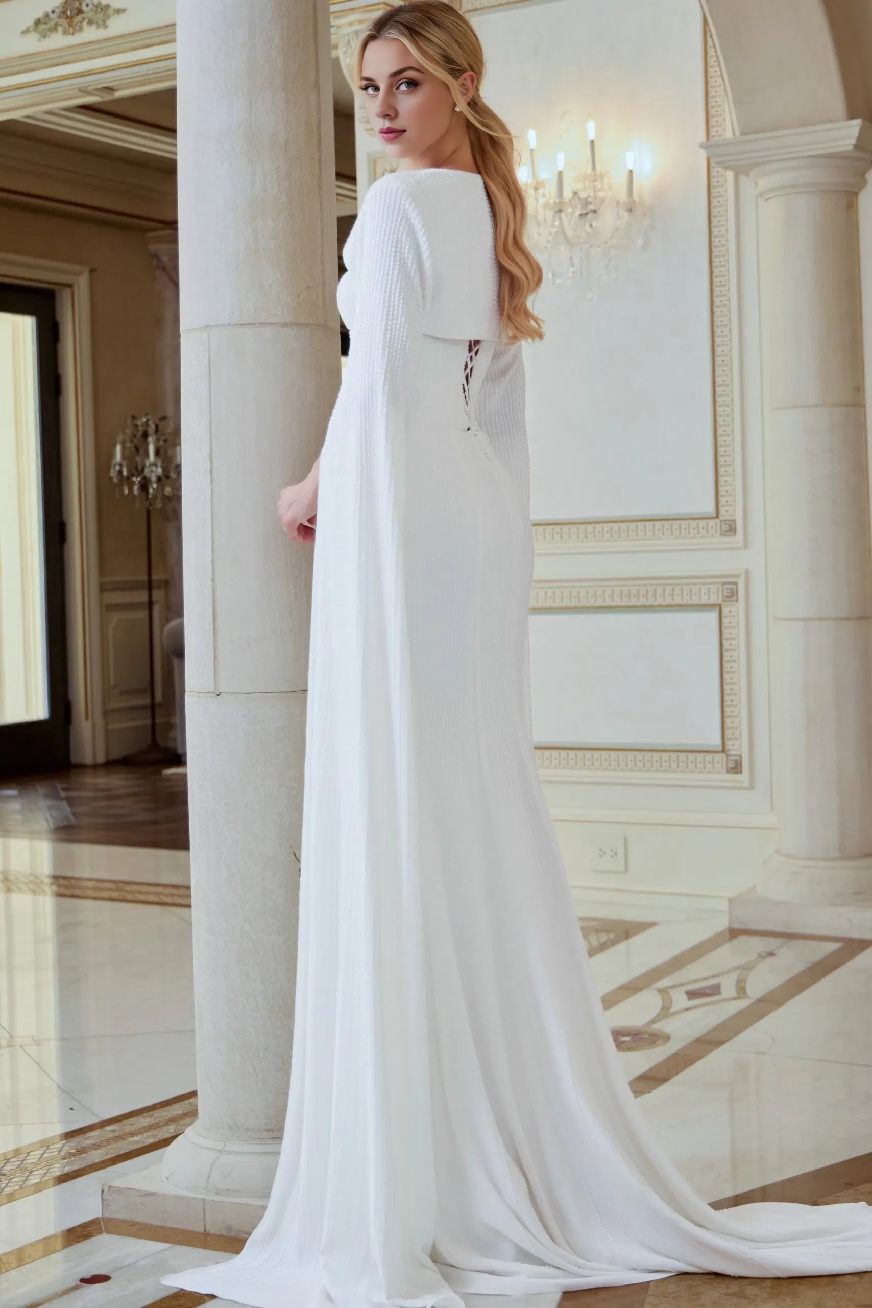 Glamorous Mermaid Cutout-Neck Cape-Sleeve Lace-Up Back Train Length Wedding Dresses