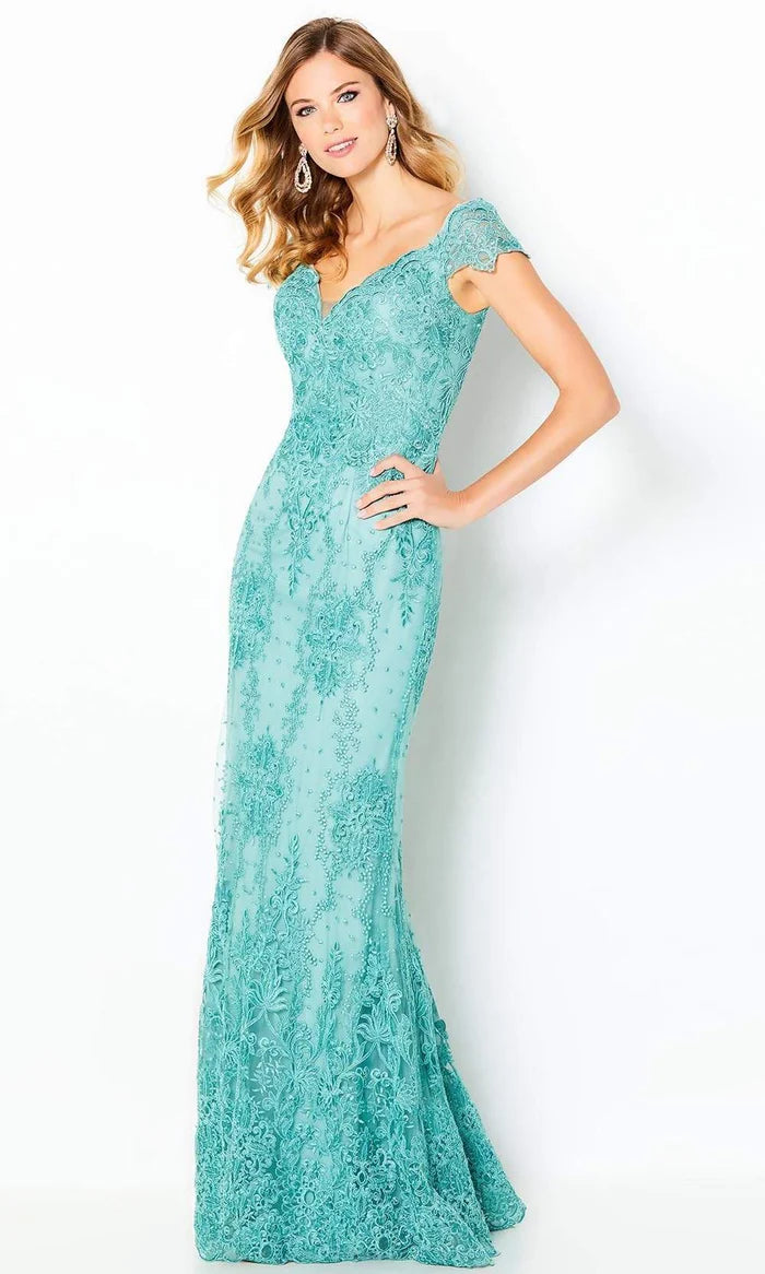 Glamorous Mermaid Deep-V Cap-Sleeve Lace-Overlay Teal Tulle Floor-Length Mother of the Bride Dresses