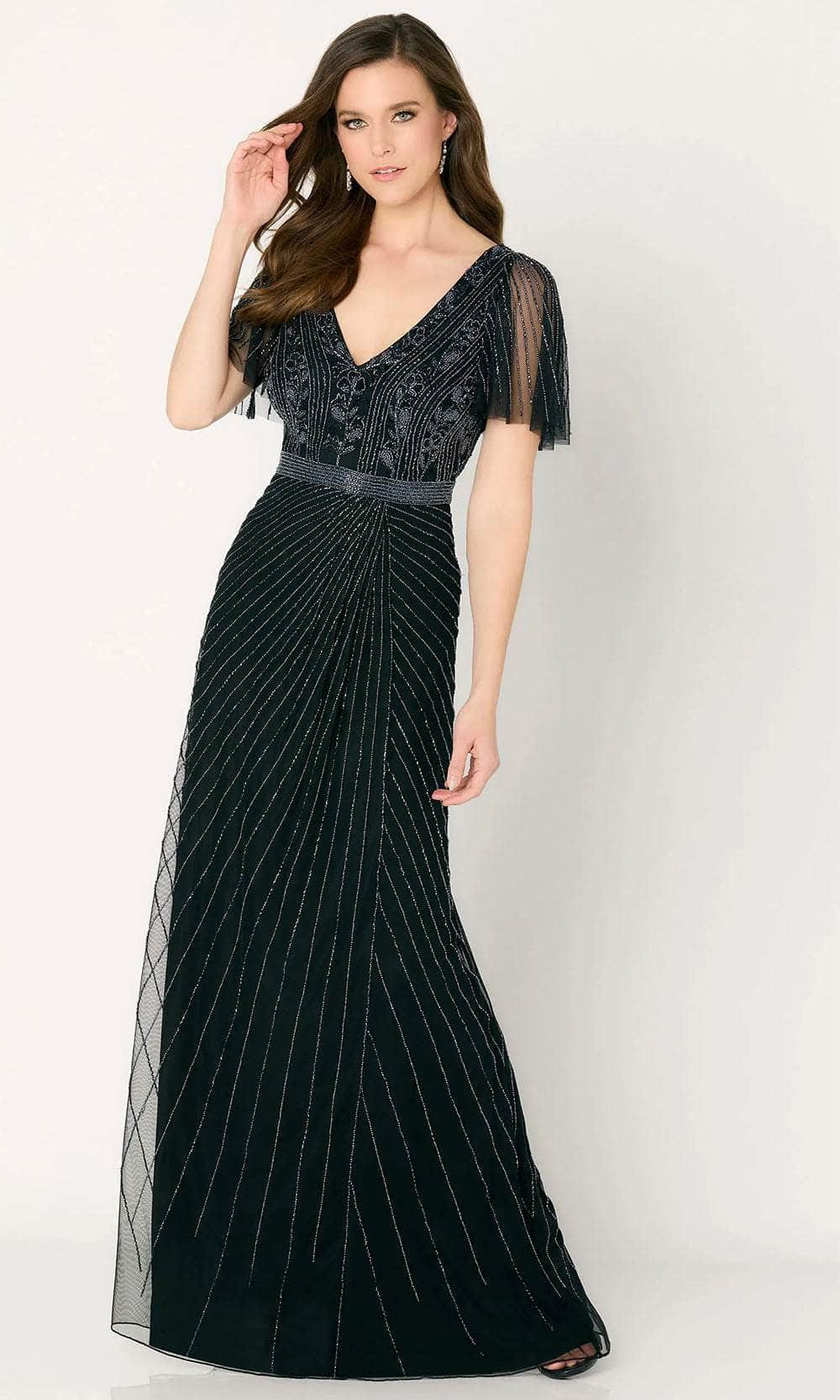 Glamorous Mermaid Deep-V Cape-Sleeve Beaded-Trim Black Tulle Floor-Length Mother of the Bride Dresses