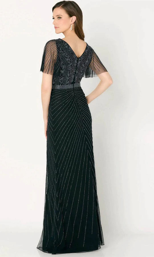 Glamorous Mermaid Deep-V Cape-Sleeve Beaded-Trim Black Tulle Floor-Length Mother of the Bride Dresses