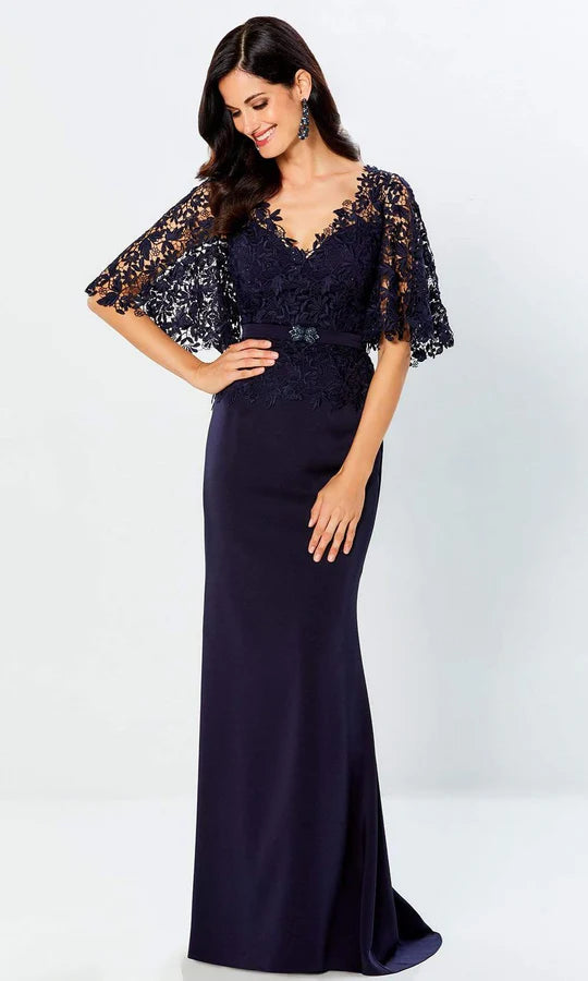Glamorous Mermaid Deep-V Cape-Sleeve Lace-Back Navy Satin Embellished Floor-Length Mother of the Bride Dresses