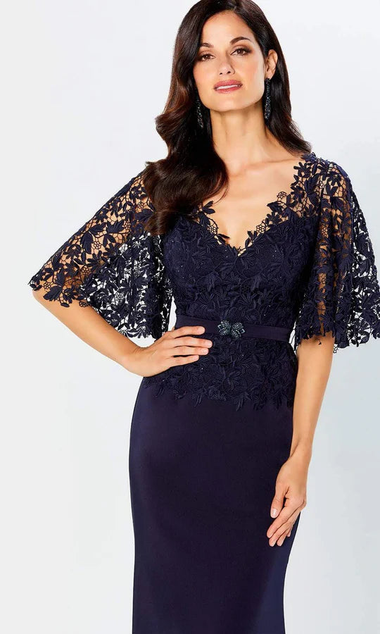 Glamorous Mermaid Deep-V Cape-Sleeve Lace-Back Navy Satin Embellished Floor-Length Mother of the Bride Dresses