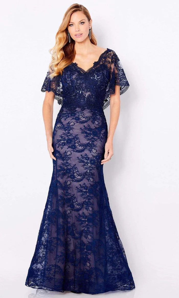 Glamorous Mermaid Deep-V Cape-Sleeve Lace-Back Royal Blue Floral-Lace Tulle Floor-Length Mother of the Bride Dresses