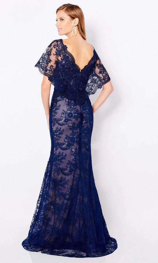 Glamorous Mermaid Deep-V Cape-Sleeve Lace-Back Royal Blue Floral-Lace Tulle Floor-Length Mother of the Bride Dresses