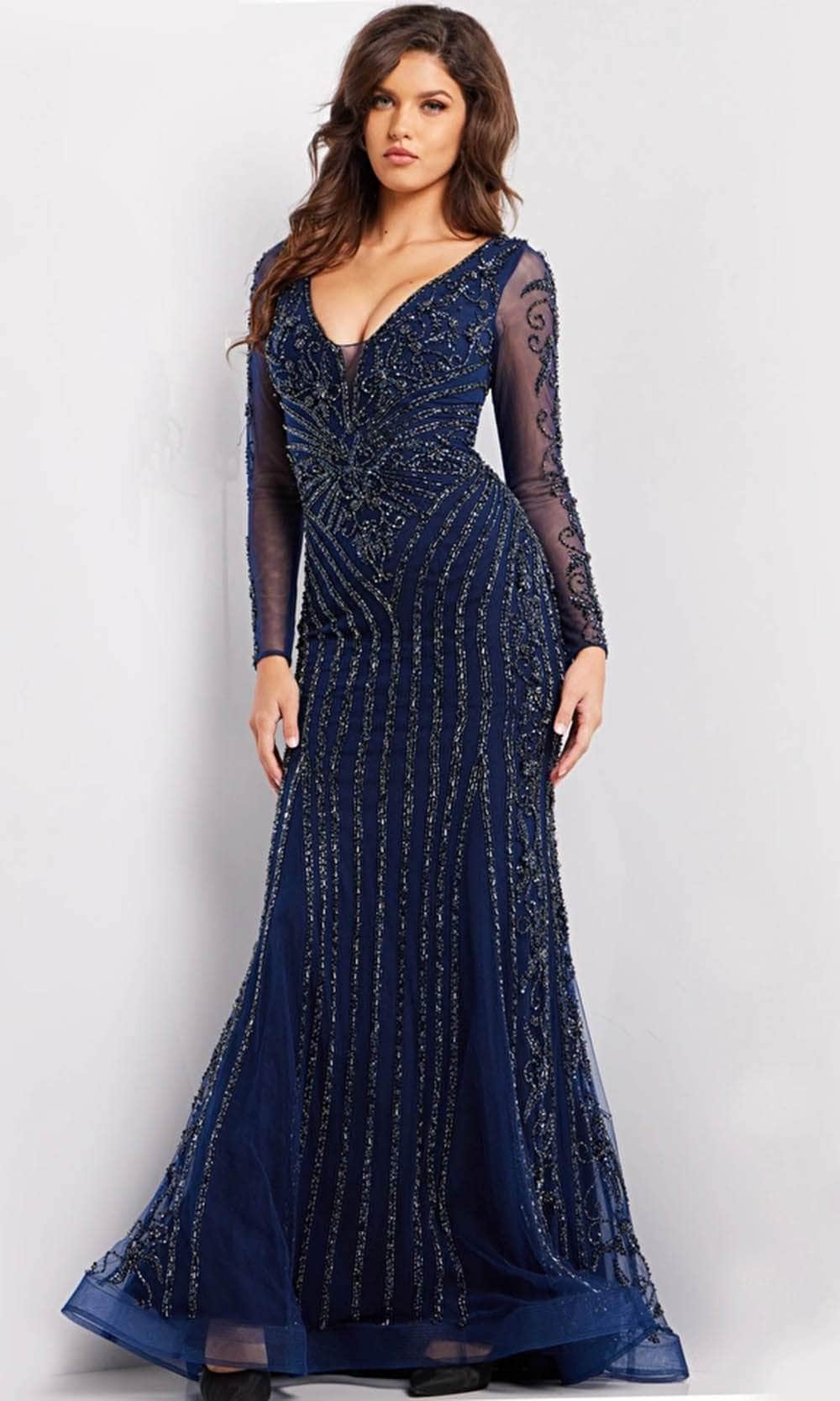 Glamorous Mermaid Deep-V Long-Sleeve Beaded-Trim Navy Tulle Floor-Length Mother of the Bride Dresses