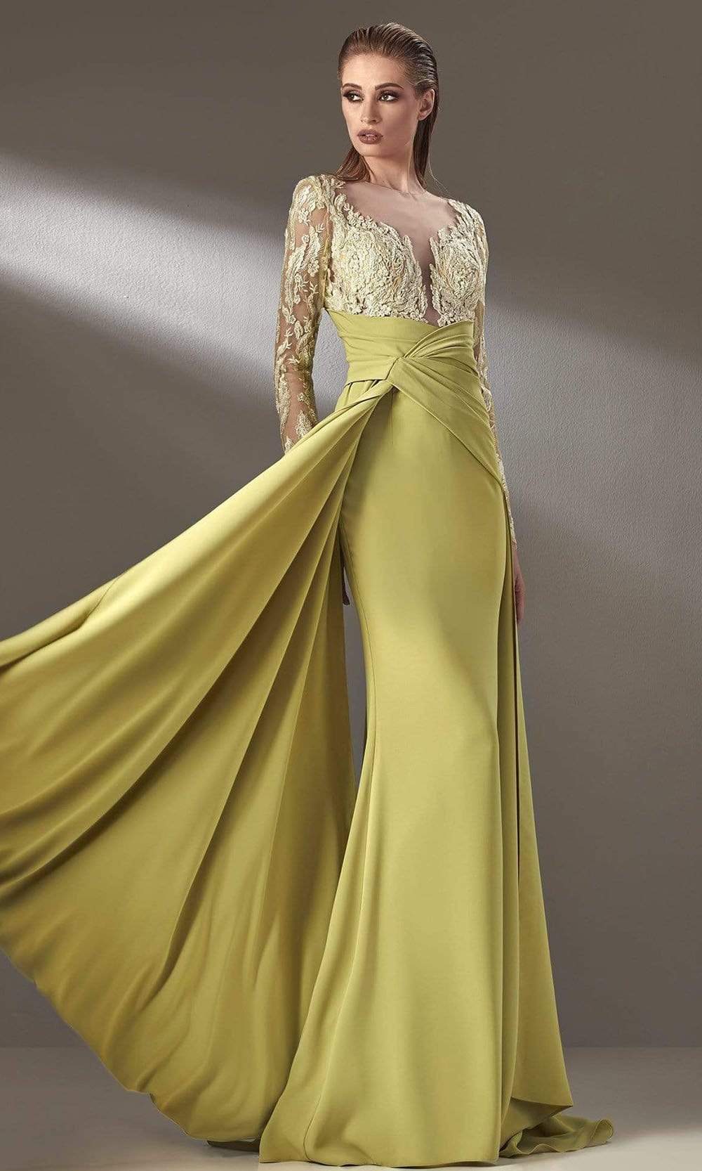Glamorous Mermaid Deep-V Long-Sleeve Keyhole-Back Olive-Green Satin Lace-Embellished Floor-Length Mother of the Bride Dresses