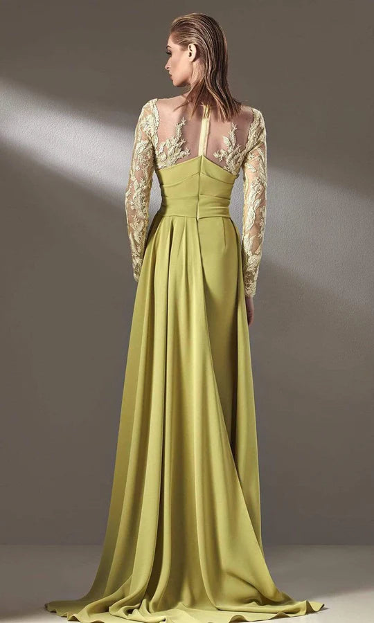 Glamorous Mermaid Deep-V Long-Sleeve Keyhole-Back Olive-Green Satin Lace-Embellished Floor-Length Mother of the Bride Dresses