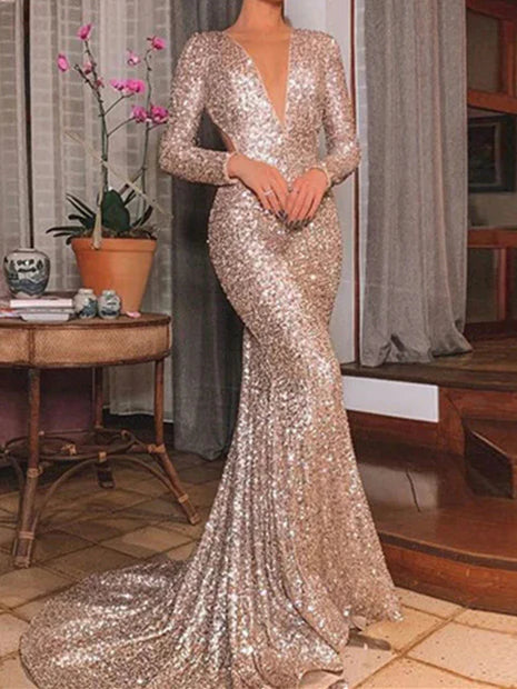 Glamorous Mermaid Deep V Long Sleeve Open Back Floor Length Evening Gown