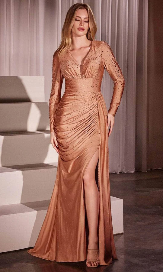 Glamorous Mermaid Deep-V Long-Sleeve Ruched-Back Rose-Gold Beaded-Satin Slit Floor-Length Mother of the Bride Dresses