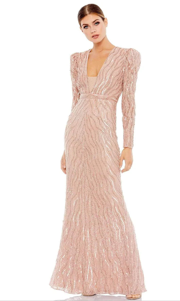 Glamorous Mermaid Deep-V Long-Sleeve V-Back Blush Sequin Floor-Length Mother of the Bride Dresses