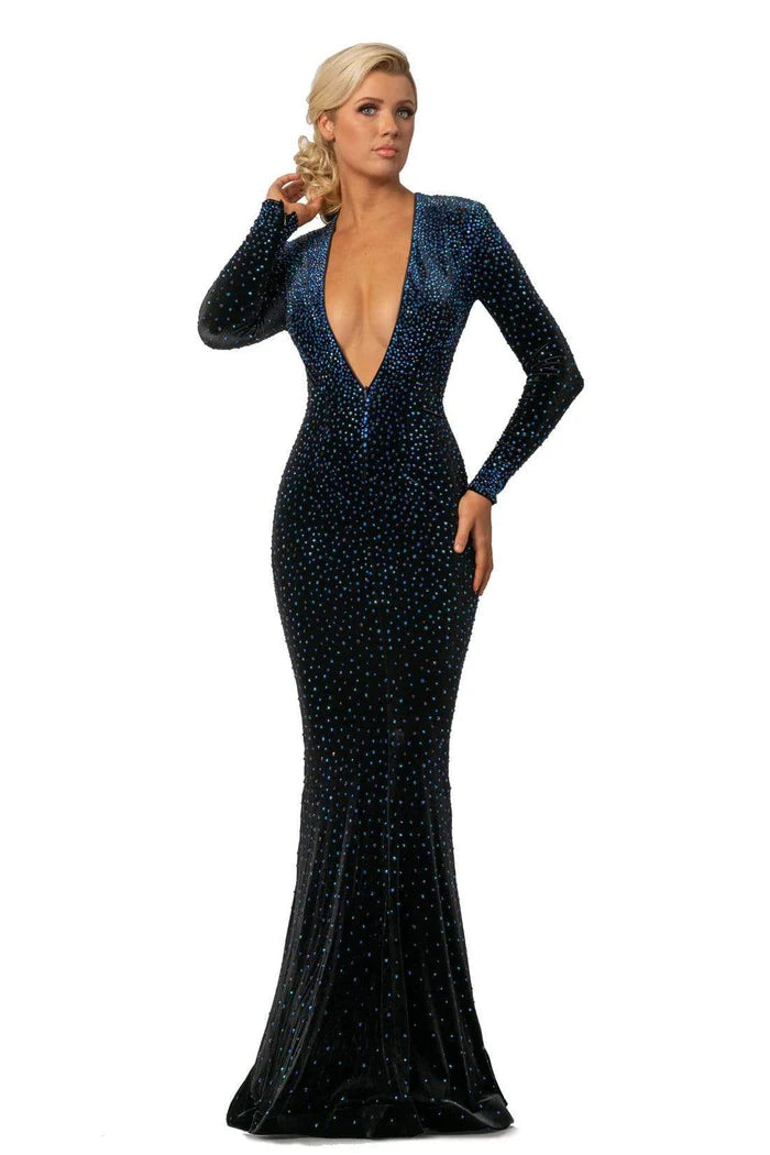 Glamorous Mermaid Deep-V Long-Sleeve V-Back Ombre-Blue Beaded-Velvet Train Floor-Length Mother of the Bride Dresses