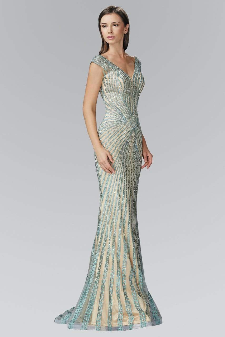 Glamorous Mermaid Deep-V-Neck Cap-Sleeve Open-Back Sequin-Accent Aqua-Beige Floor-Length Mother of the Bride Dresses