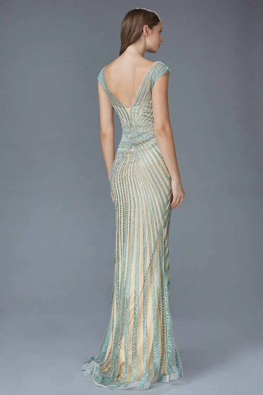 Glamorous Mermaid Deep-V-Neck Cap-Sleeve Open-Back Sequin-Accent Aqua-Beige Floor-Length Mother of the Bride Dresses