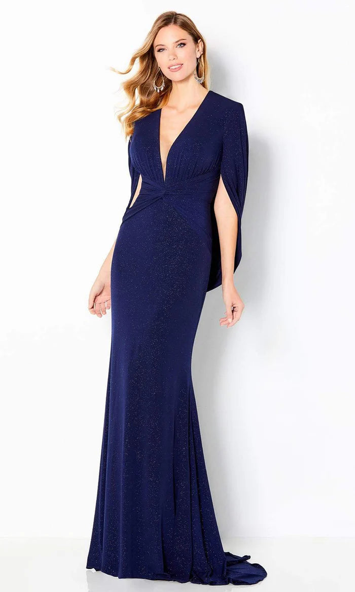Glamorous Mermaid Deep-V-Neck Cape-Sleeve Wrap-Back Navy Glitter-Chiffon Floor-Length Mother of the Bride Dresses