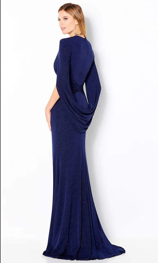 Glamorous Mermaid Deep-V-Neck Cape-Sleeve Wrap-Back Navy Glitter-Chiffon Floor-Length Mother of the Bride Dresses