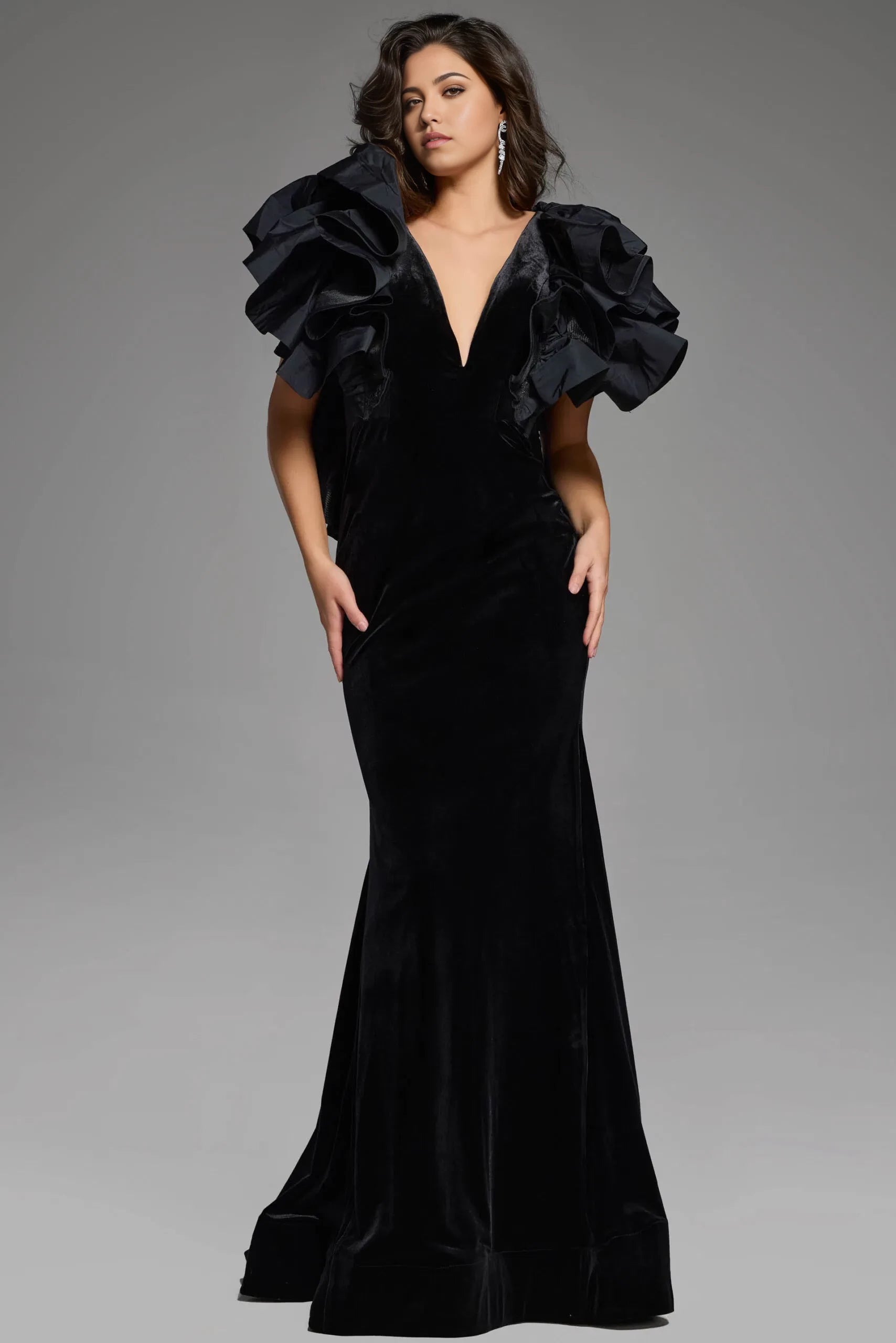 Glamorous Mermaid Deep V-Neck Dramatic Ruffle-Sleeve Long Length Evening Dresses