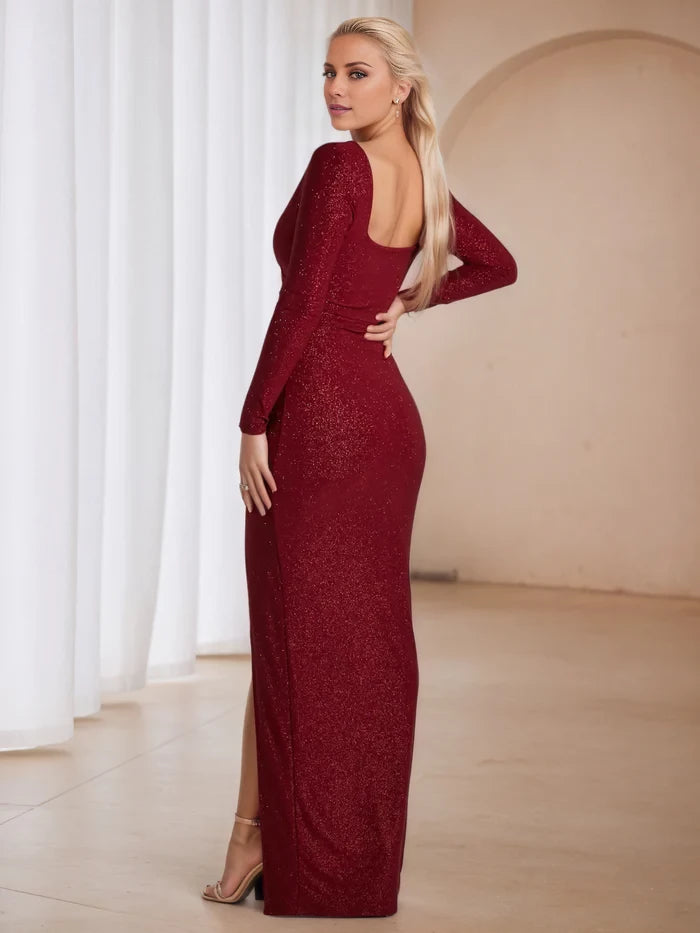 Glamorous Mermaid Deep V - Neck Long Sleeve Open Back Long Length Prom Dresses