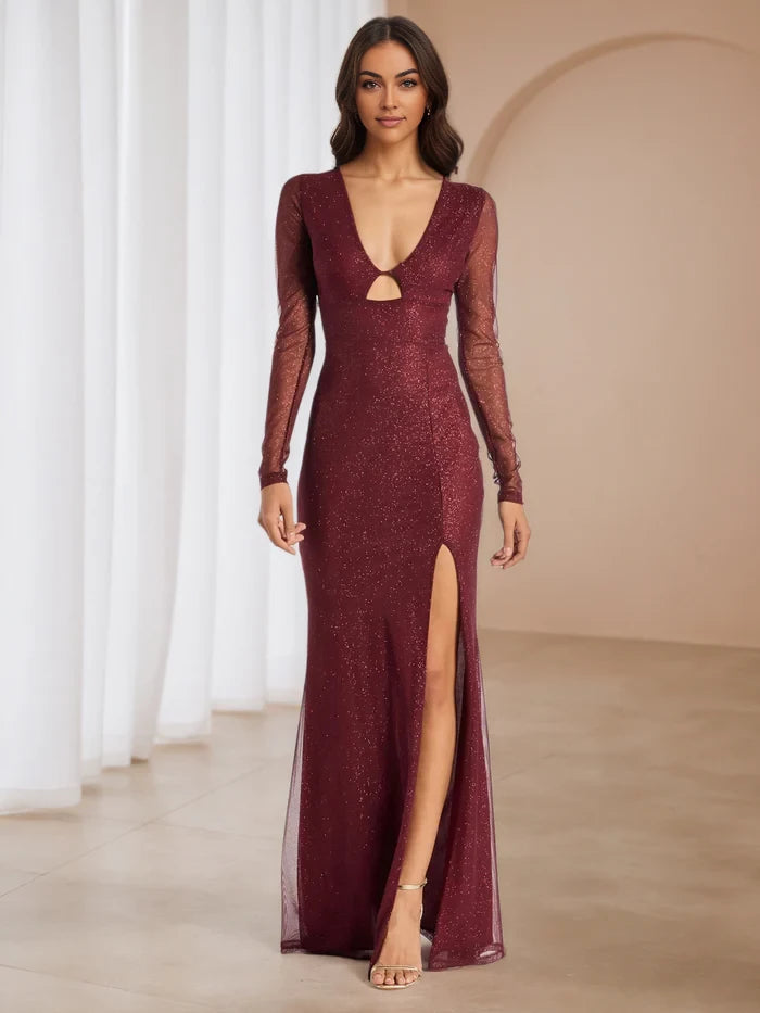 Glamorous Mermaid Deep V - Neck Long Sleeve Plain Back Floor Length Prom Dresses