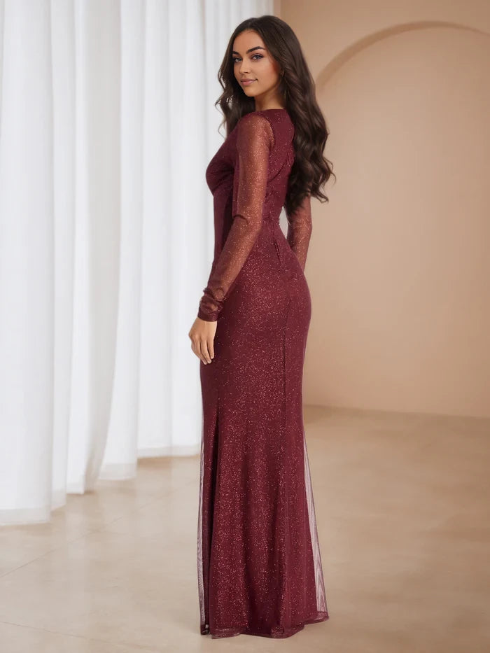 Glamorous Mermaid Deep V - Neck Long Sleeve Plain Back Floor Length Prom Dresses