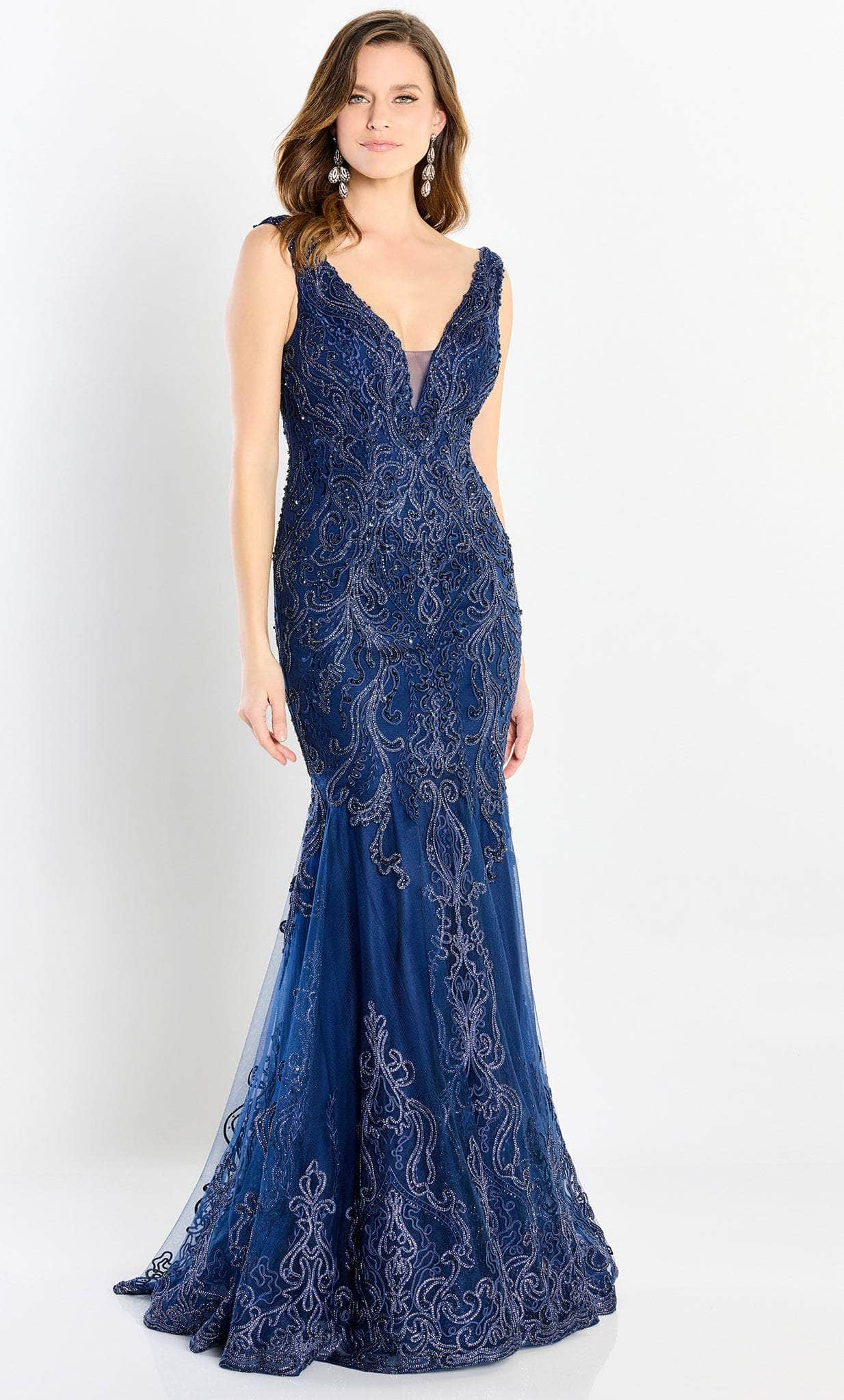 Glamorous Mermaid Deep-V-Neck Sleeveless Beaded-Lace-Back Navy Tulle Floor-Length Mother of the Bride Dresses