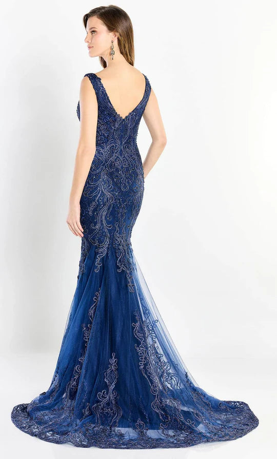 Glamorous Mermaid Deep-V-Neck Sleeveless Beaded-Lace-Back Navy Tulle Floor-Length Mother of the Bride Dresses